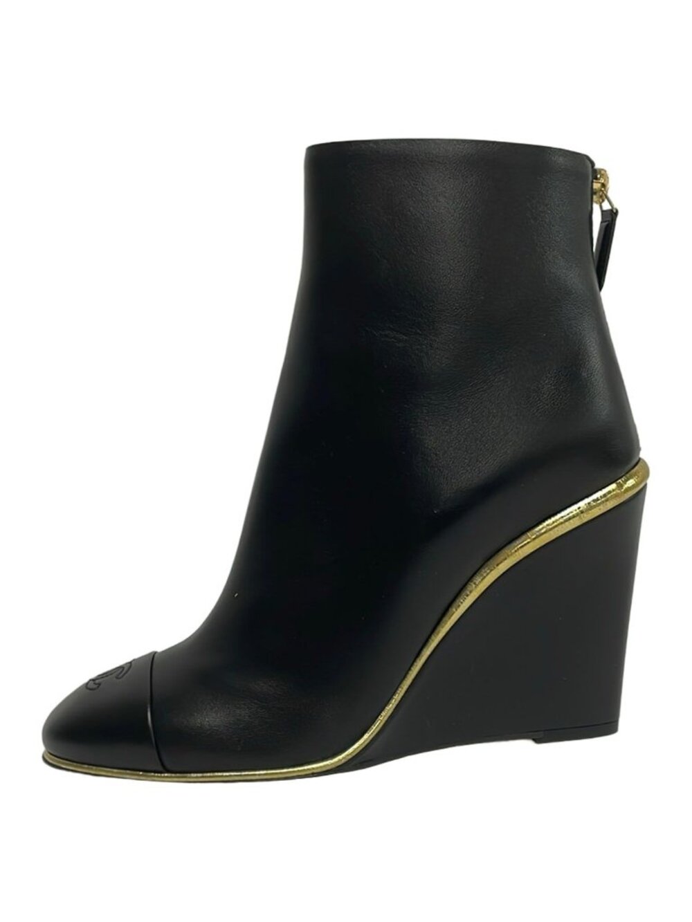 Chanel Short Boots Black Wedge Sole Lambskin